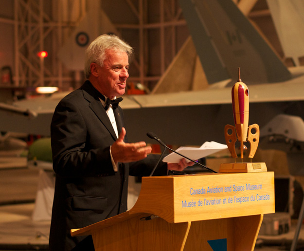 Bob MacDonald about to present a certain whimsical rocket trophy to the winners!